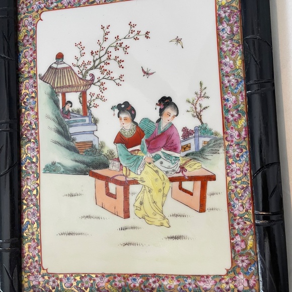 Framed Vintage Chinese Famille Rose Porcelain Plaque in Bamboo Style Frame - Picture 7 of 11
